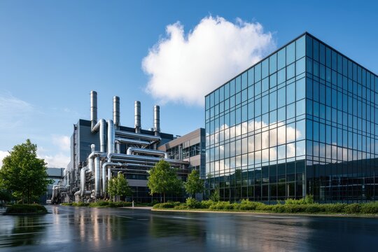 Modern Industrial Complex with Reflective Water and Blue Sky.