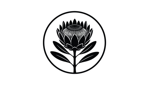 Black and white protea flower icon in circle