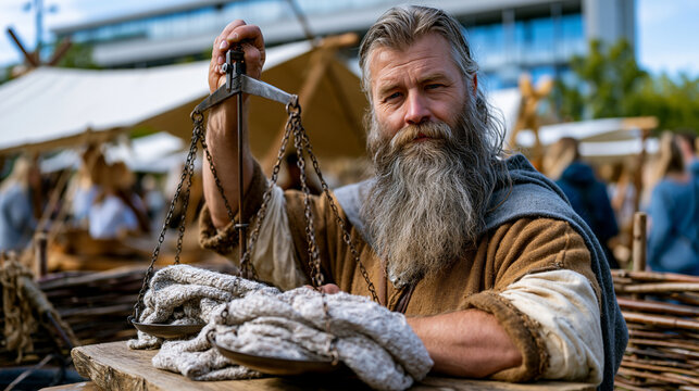 Living history reenactor in authentic medieval merchant costume weighing cloth goods on iron balance scales at an outdoor market day event, surrounded by period canvas stalls, wattle fencing and vis