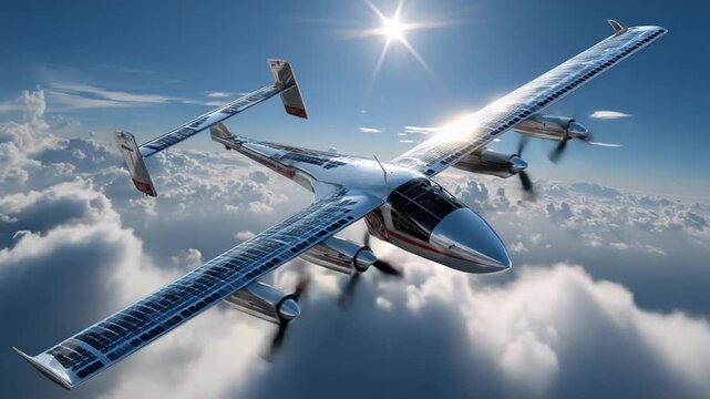 Solar-Powered Aircraft Ascends into the Sunlit Sky: A futuristic, solar-powered twin-engine aircraft glides through a bright blue sky dotted with fluffy white clouds.