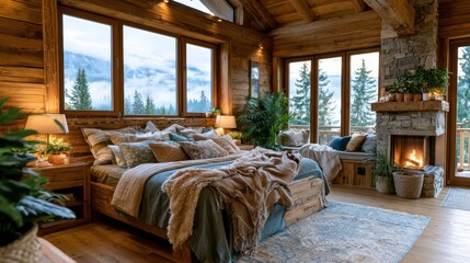 Obraz premium Cozy mountain cabin bedroom with fireplace and stunning forest views