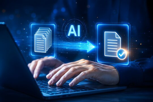 Hands typing on laptop with glowing holographic artificial intelligence document processing interface. Concept of automated contract analysis, and digital workflow approval.