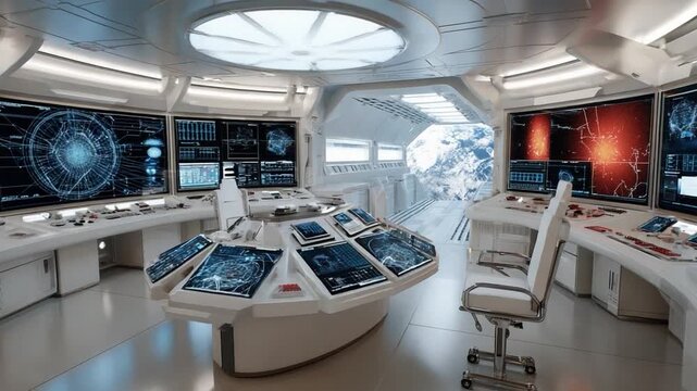 Futuristic Command Center: A high-tech control room with multiple glowing monitors, a central console, and a view of space, embodying advanced technology and scientific exploration.