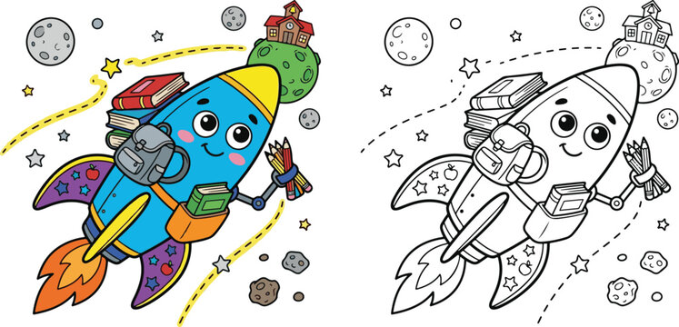rocket going to space school flying in sky cloud cartoon clipart and lineart print vector illustration for color coloring book