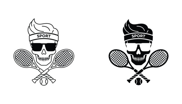 Skull holding crossed tennis rackets with sport headband