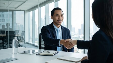 Fototapeta premium Smiling happy professional Indonesian business man executive, male hr recruiter or bank manager hiring recruit at job interview onboarding corporate office meeting. Handshake with new client concept.