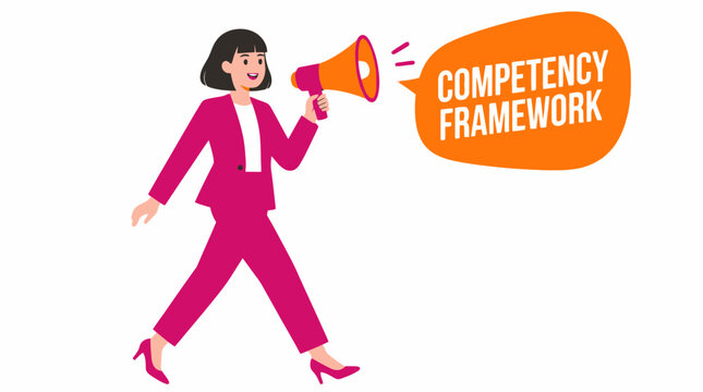 Confident woman announcing competency framework with megaphone.