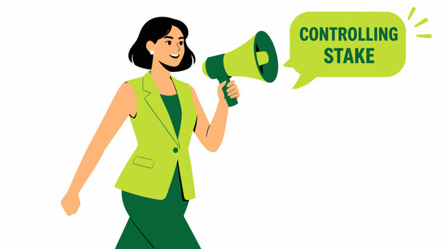 Woman holding megaphone with controlling stake message.