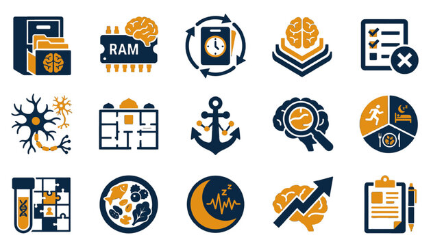 Memory enhancement and cognitive aging prevention research symbols in bold flat style for neuroscience research apps, cognitive aging platforms, Alzheimer research dashboards, and brain health UI desi