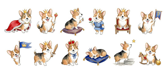 Fototapeta premium Cute royal corgi characters in whimsical watercolor style for children's design. Collection of Vector illustrations for invitation, card, poster, banner, decoration
