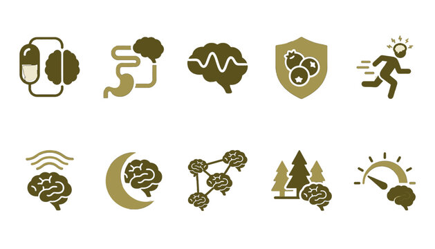 Brain nutrition and lifestyle neuroscience optimization symbols in filled minimal style for brain health apps, lifestyle medicine platforms, cognitive wellness dashboards, and integrative health UI de