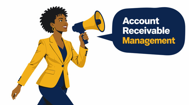 Woman with megaphone promoting account receivable management.