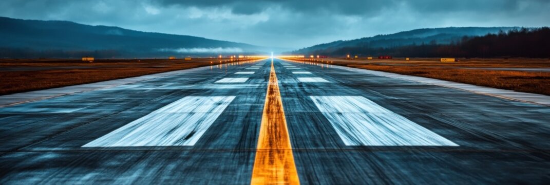 Stunning perspective of a long runway stretching towards a faraway horizon beneath an overcast sky