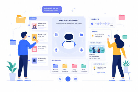 AI Personal Memory Assistant Organizing Life Events with Timeline Cards and Smart Productivity Interface Flat Vector Illustration