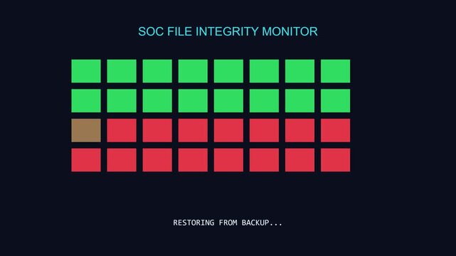 Digital data restoration process: soc file integrity monitor loading screen with progress grid animation