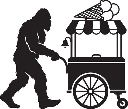 A black silhouette of a bigfoot creature pushing an ice cream cart with cones on isolated on a white background