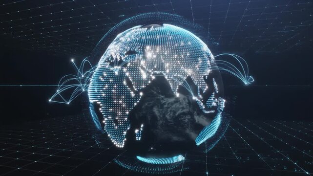 Futuristic digital earth globe rotating with glowing network connection lines, abstract concept of global communication and internet connectivity.