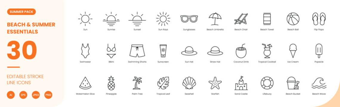 summer beach essentials icon line style vacation travel editable stroke vector set