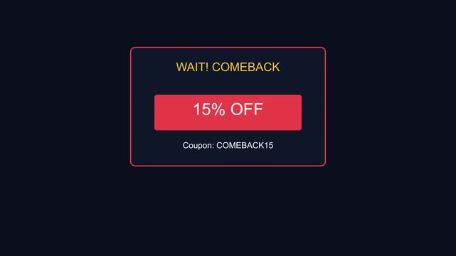 E-commerce exit intent pop-up animation with 15% discount offer for online store marketing coupon
