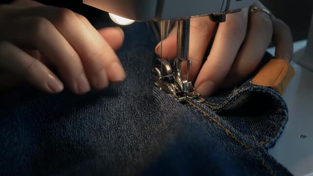 Female seamstress with light skin using sewing machine to stitch denim fabric, focusing on needle and thread while working on garment assembly in a well-lit workspace