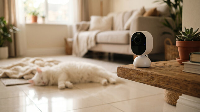 A white cat sleeping peacefully on a tiled floor in a cozy living room with a home security camera on a wooden table.