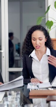 Business, woman and meeting with file in office for financial review, monthly feedback or update. Finance manager, team and talk with documents for company performance, goal setting and action plan