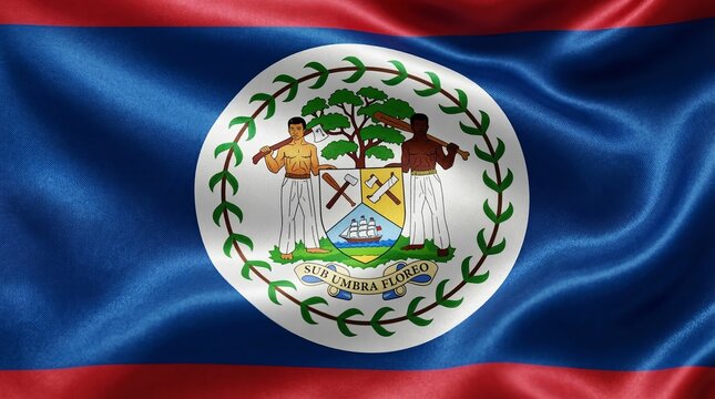 The waving national flag of belize featuring a central emblem with bright colors and texture