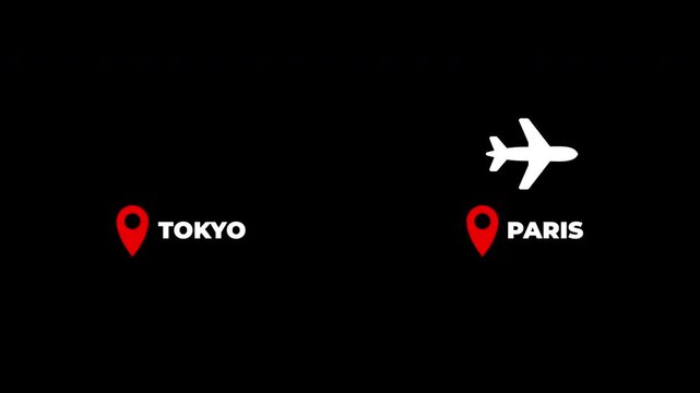 Tokyo To Paris Airplane Travel Flight Route Animation Transparent Background With Alpha Channel