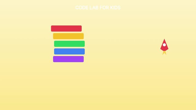 Kids coding education animation: colorful blocks and rocket launch for stem learning and programming concepts
