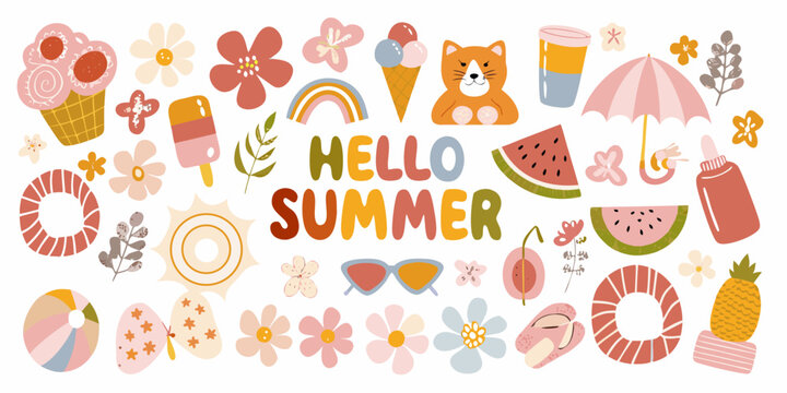 Summer themed vector illustration featuring flowers fruit ice cream and a rainbow with lettering summer themed