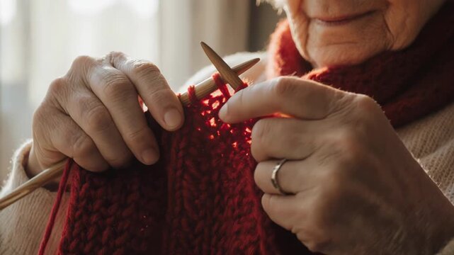 Elderly woman with gray hair knitting a red scarf using wooden needles, showcasing the intricate pattern and texture of the yarn in a cozy indoor setting