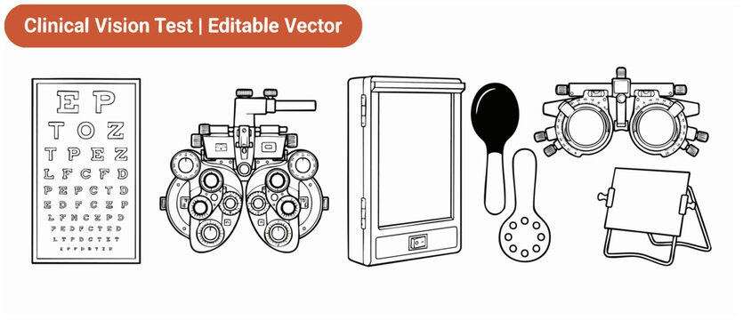 Eye exam equipment vector icons for clinical vision test diagnostics including phoropter, Snellen chart, trial frame, and eye patch paddle in clean black and white line art graphic illustration signs.