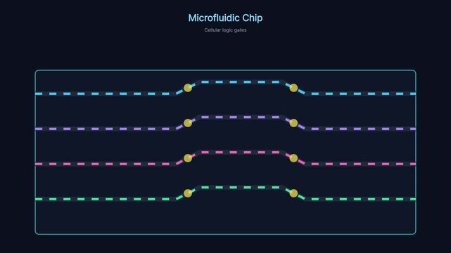 Microfluidic chip technology animation: cellular logic gates and fluid dynamics process microfluidics