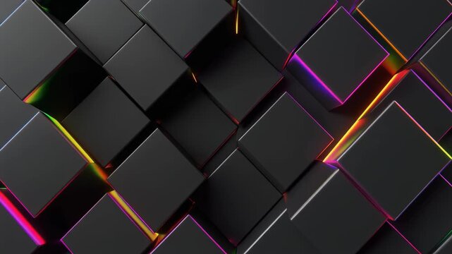 Dark mode holographic geometric shapes with glowing rainbow edges, minimal tech background representing innovation
