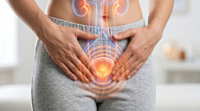 Urinary Tract Infection, female bladder pain concept, urinary system inflammation and pelvic discomfort illustration, medical healthcare and urology science