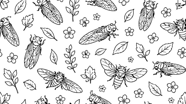 Detailed black and white cicada and foliage illustration.