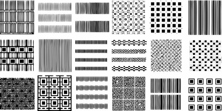 Collection Of Black And White Barcodes And Square Code Patterns On A White Background barcode