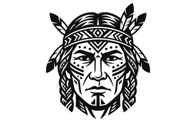 Obraz premium Black and white illustration of a native american mans face with feathers and tribal patterns on isolated white background