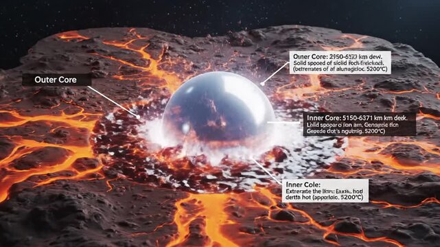 Glowing molten core erupts with silver sphere in rocky planetary surface explosion