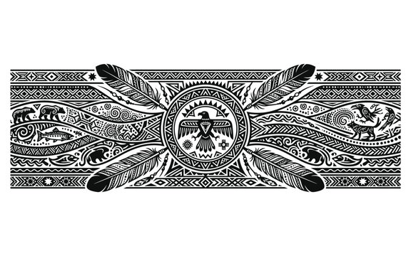 Black and white tribal pattern with feathers and animal designs on a white background