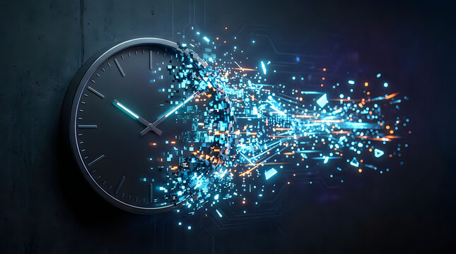 Digital Clock Dissolving into Glowing Data Particles on Dark Background Technology Time Concept