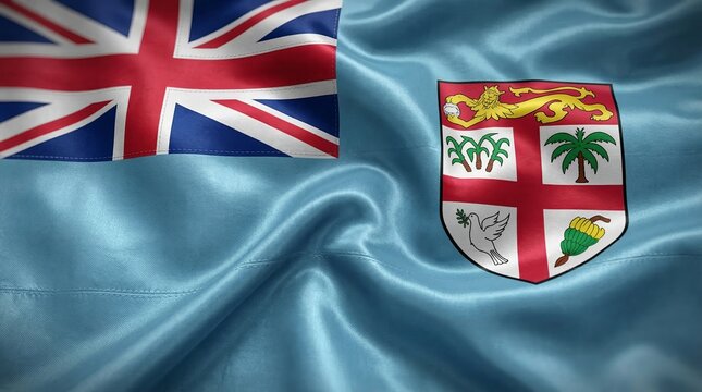 Detailed close up view of the national flag of Fiji waving with soft light folds