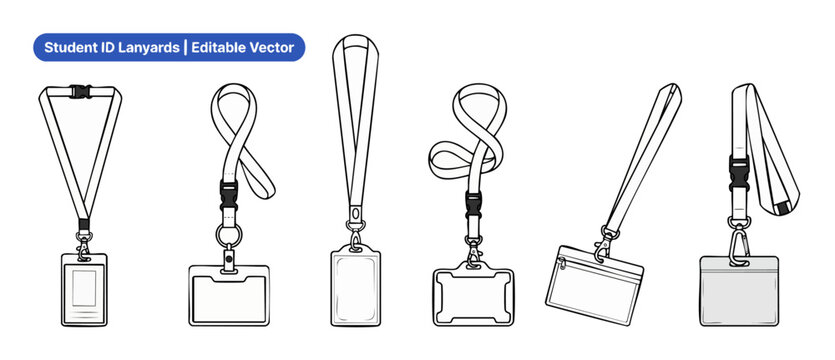 ID badge holder lanyard vector templates for showcasing blank identity cards, student name tags, credential passes, and office security badges in custom line art illustration on white style background