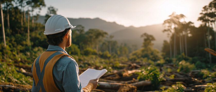 Forestry Management Overview: A forester in a hard hat and safety vest surveys a vast expanse of deforested land, holding documents, as the sun sets over a distant mountain range.