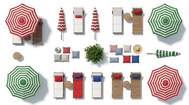 Outdoor lounge furniture layout top view patio chairs umbrellas cushions plants summer photo