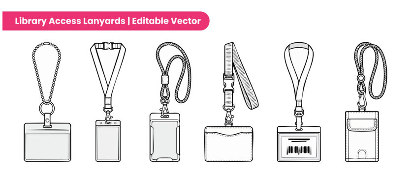 Lanyard vector template ID card holder set for security access control and corporate event identification. Line art neck strap mockup collection for pass badges, library entry, and event branding plan