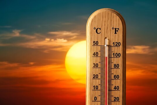 Wooden thermometer against dramatic sunset sky with large glowing sun showing high heat levels representing extreme climate change weather forecast summer concept visual design work.