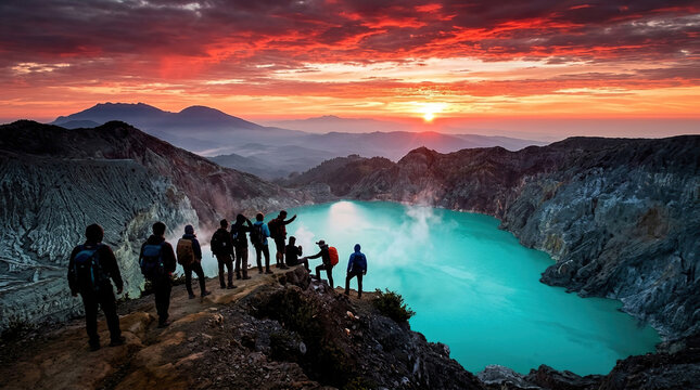 Hikers Silhouetted Against Dramatic Red Sunrise Sky Overlooking Turquoise Acid Crater Lake at Kawah Ijen Volcano, East Java, Indonesia