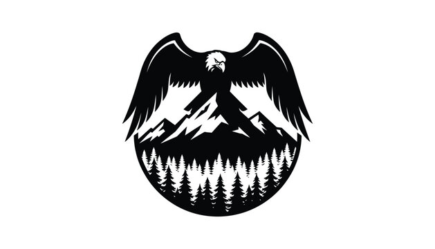 Black eagle soaring over mountain forest