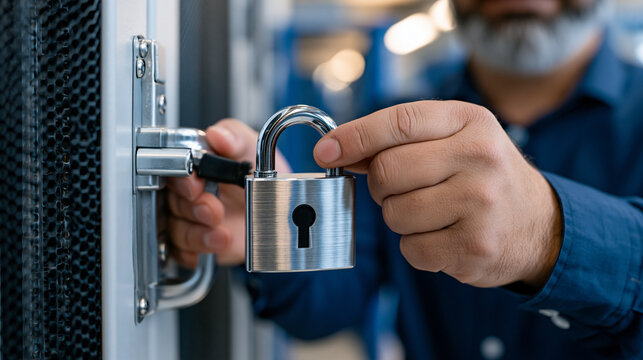 IT auditor pressing a physical padlock icon prop against a server cabinet door during a compliance walkthrough in a colocation data center, security infrastructure certification and protection conce